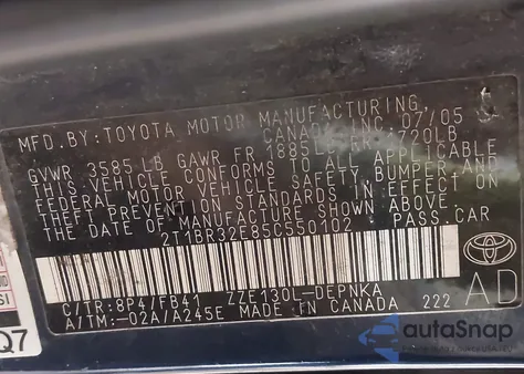 2005 Toyota Corolla Le z USA, uszkodzony, nr VIN 2T1BR32E85C550102